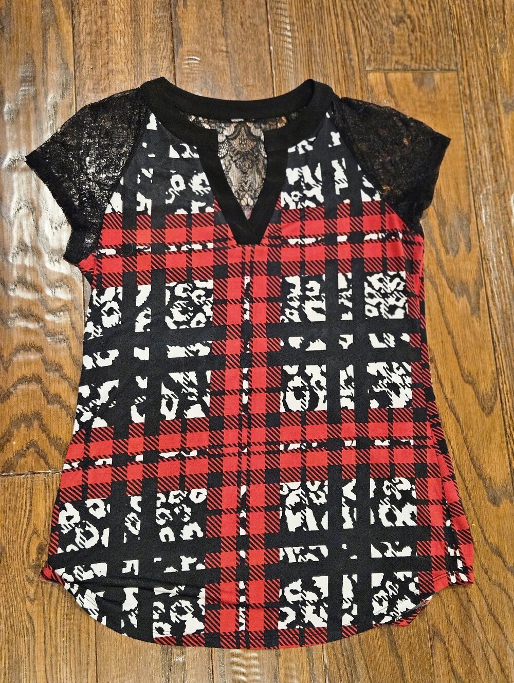Women's Red Plaid & Leopard Mix Top W/Black Lace Shoulder & Sleeves - Size S